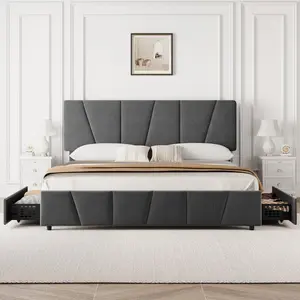 King Size Bed Frame with Adjustable Headboard and 2 Storage Drawers Soft Upholstered Platform Bed Frames with Wooden Slats Support No Box Spring Needed Dark Grey