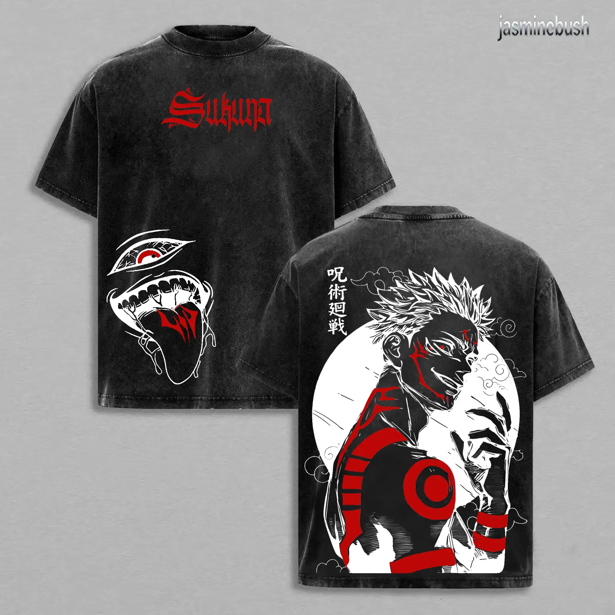 Men's Relaxed Oversized Ribbed Round Neck Short-Sleeve Heavy Cotton Retro Graphic T-Shirt - Jujutsu Kaisen Execution Movie Culling Game Arc Washed Vintage Double-Printed Ryomen Sukuna Vessel Curse King Unisex Streetwear Anime Art Top, Japanese Otaku Gift