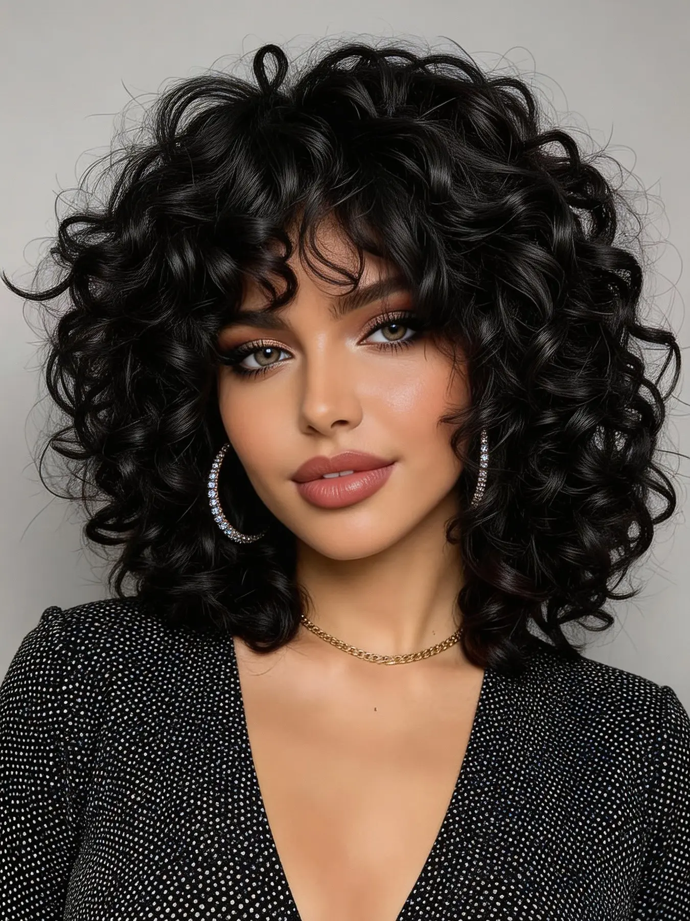 Black Curly Wig with Bangs for Black & White Women Synthetic Curly Wigs Afro Hair Fluffy Soft Natural Replacement Wig for Daily & Cosplay