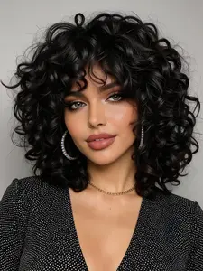 Black Curly Wig with Bangs for Black & White Women Synthetic Curly Wigs Afro Hair Fluffy Soft Natural Replacement Wig for Daily & Cosplay