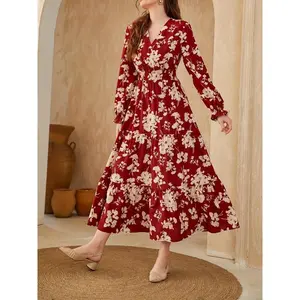 Stunning Floral Ruffle A-Line Dress - Elegant Surplice Neckline, Long Sleeves, Shirred Waist, Comfortable Fit for Autumn - Women’s Clothing for Everyday Wear