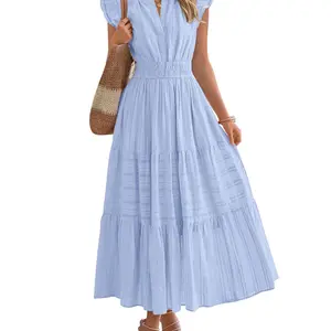 Women's dress for spring 2026 plus size casual dress, flowing short sleeved V-neck elastic waist, Bohemian beach vacation pocket