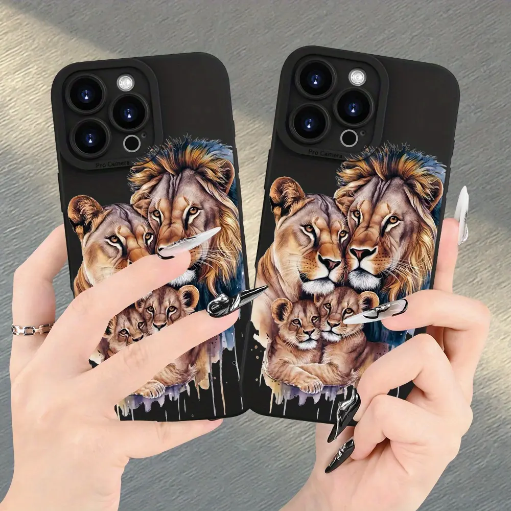 A Stylish And Trendy TPU Phone Case Featuring a Warm And Happy Family of Four Lions, with a Frosted Texture. It Offers Enhanced Lens Protection Against Shocks And Drops, Compatible with Iphone Models 16, 15, 13, 12, 11, 14 Pro Max, XR, XS, 7, 8, 14