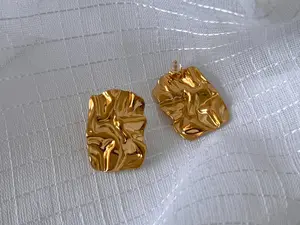 Crumpled Gold Stud Earrings, Abstract Gold Earring, Gold Irregular Earrings, Molten Rectangular Earrings