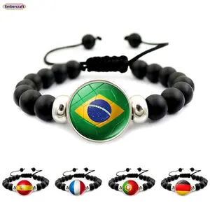 Soccer Beaded Bracelet for Men Women 2026 World Cup Trendy Black Stretch Bracelet Germany Spain Brazil National Team Fan Jewelry Handmade Fashion Wristband for Game Day Match Viewing Party Streetwear Daily Wear Sports Fan Gift