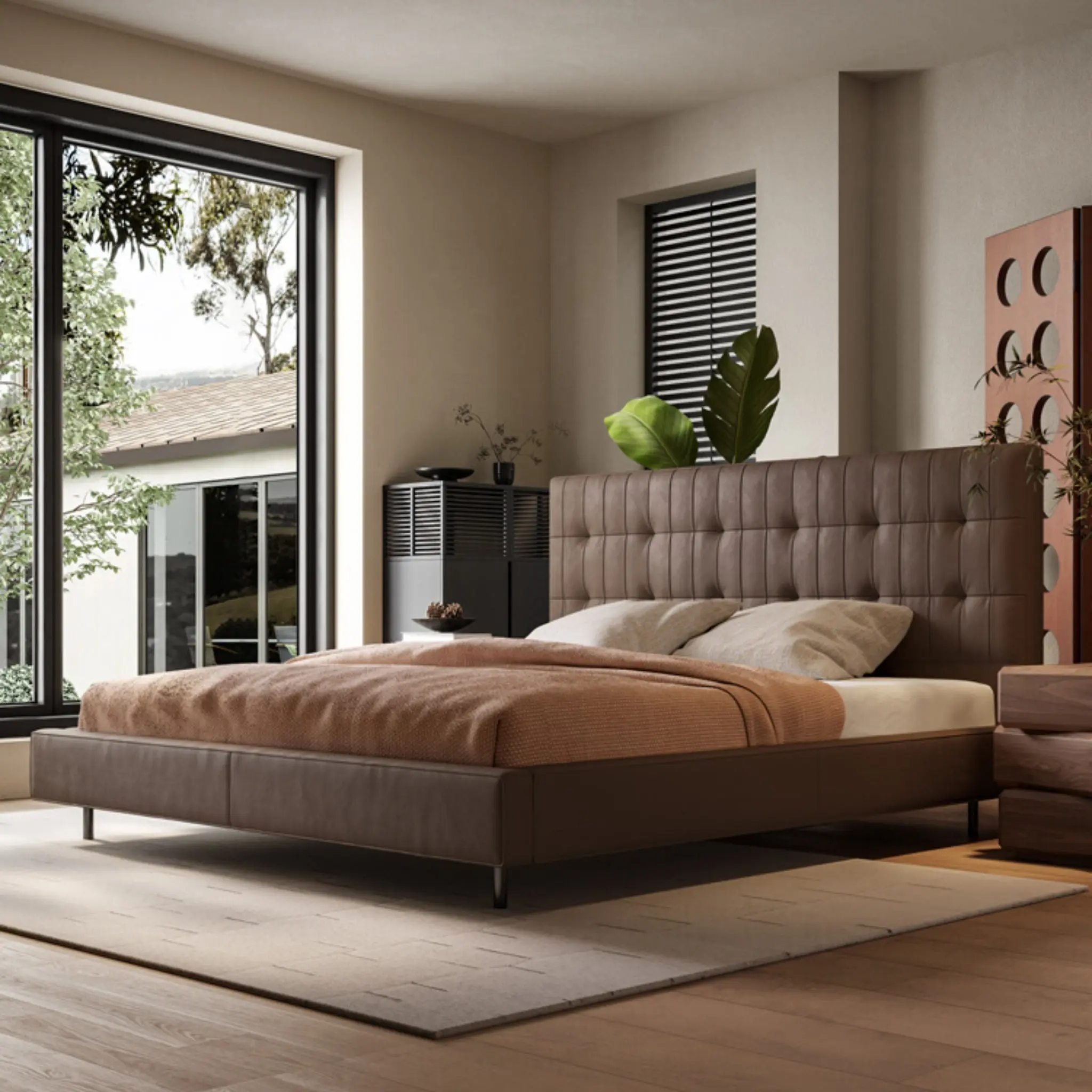 Classic Leather Upholstered Bed Frame with Headboard