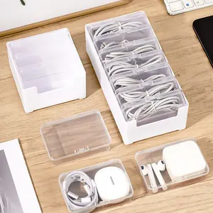 Cable Management Box Set, Desktop Charging Line Organizer with Power and Data Storage, Mobile Device Charger Coiler, White