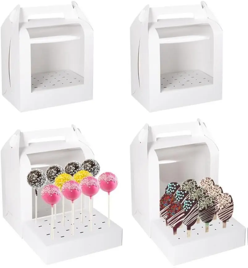 4Pcs Portable Cake Pop Holder Boxes:  Cake Containers with Clear Window - Lollipop Display Boxes Used for Weddings Baby Showers Birthday Parties
