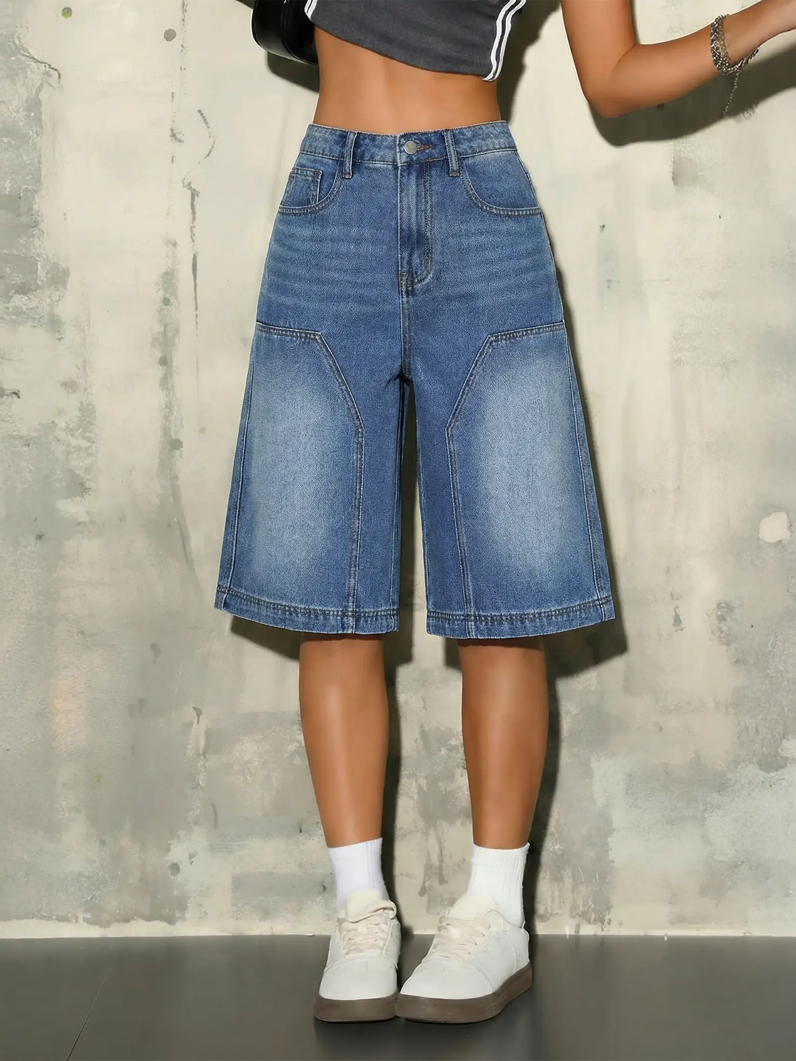 EMMIOL【Back to School】Womens Long Jorts Baggy Y2K Mid High Waisted Retro Jean Shorts Trendy Streetwear Wide Leg Denim Bermudas
