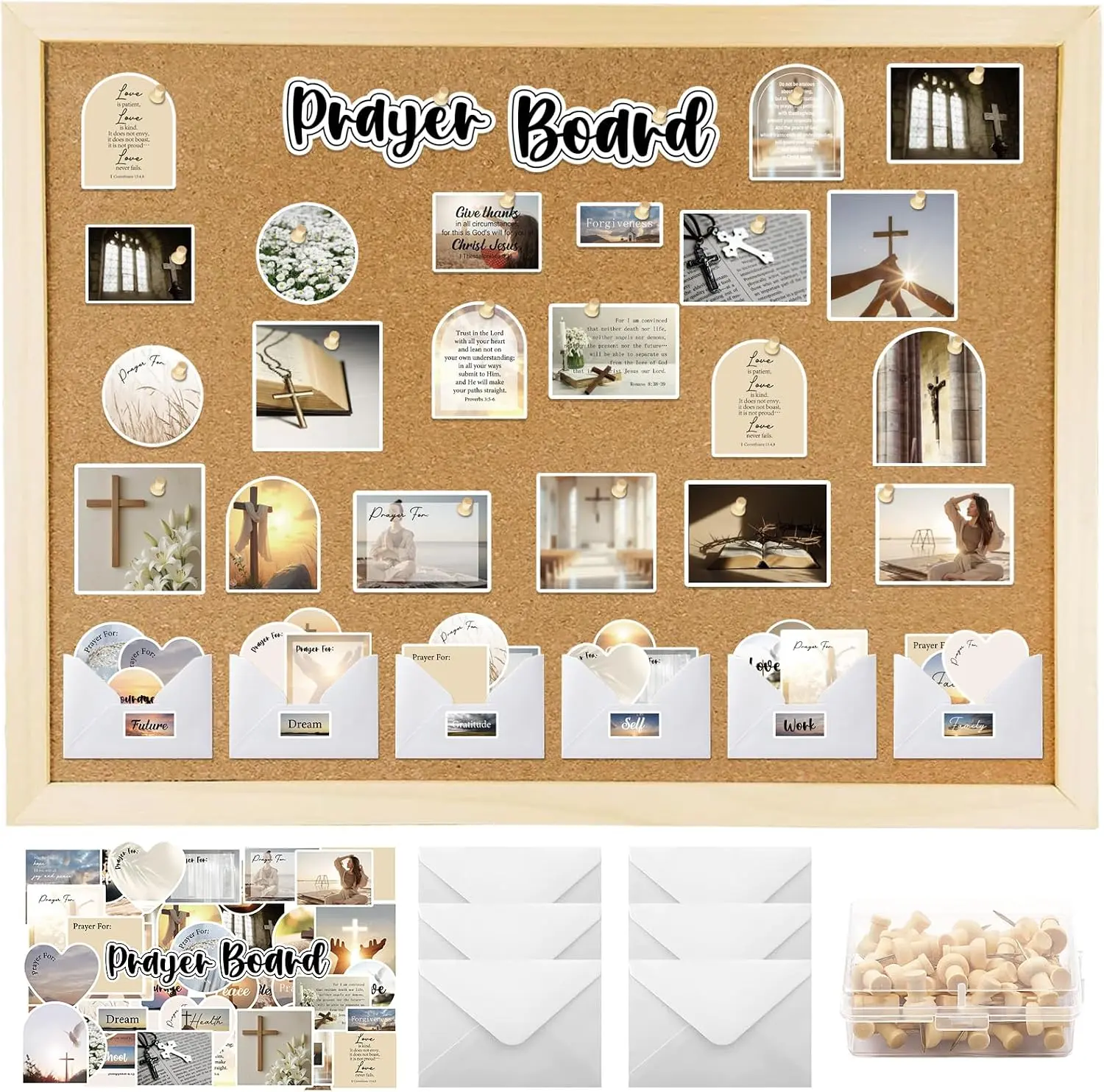 Christian Faith Prayer Board Kit - 114-Piece Prayer Board Kit with Bible Verse Scripture Cards, Prayer Request Cards, Push Pins, Envelopes & Bulletin Board Decor for Church, Classroom, Office & Home