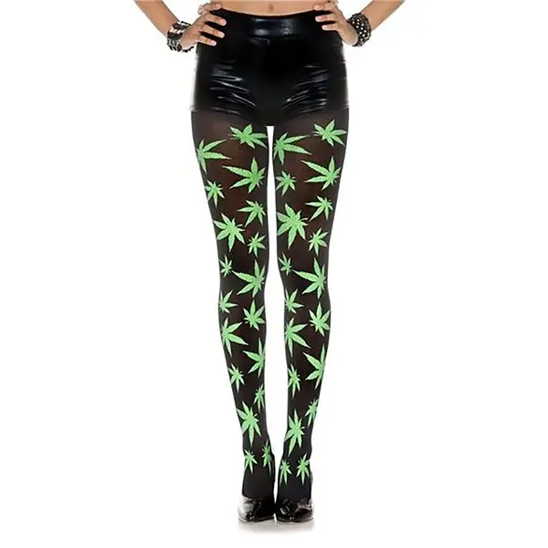 Green Leaf Print Opaque Tights