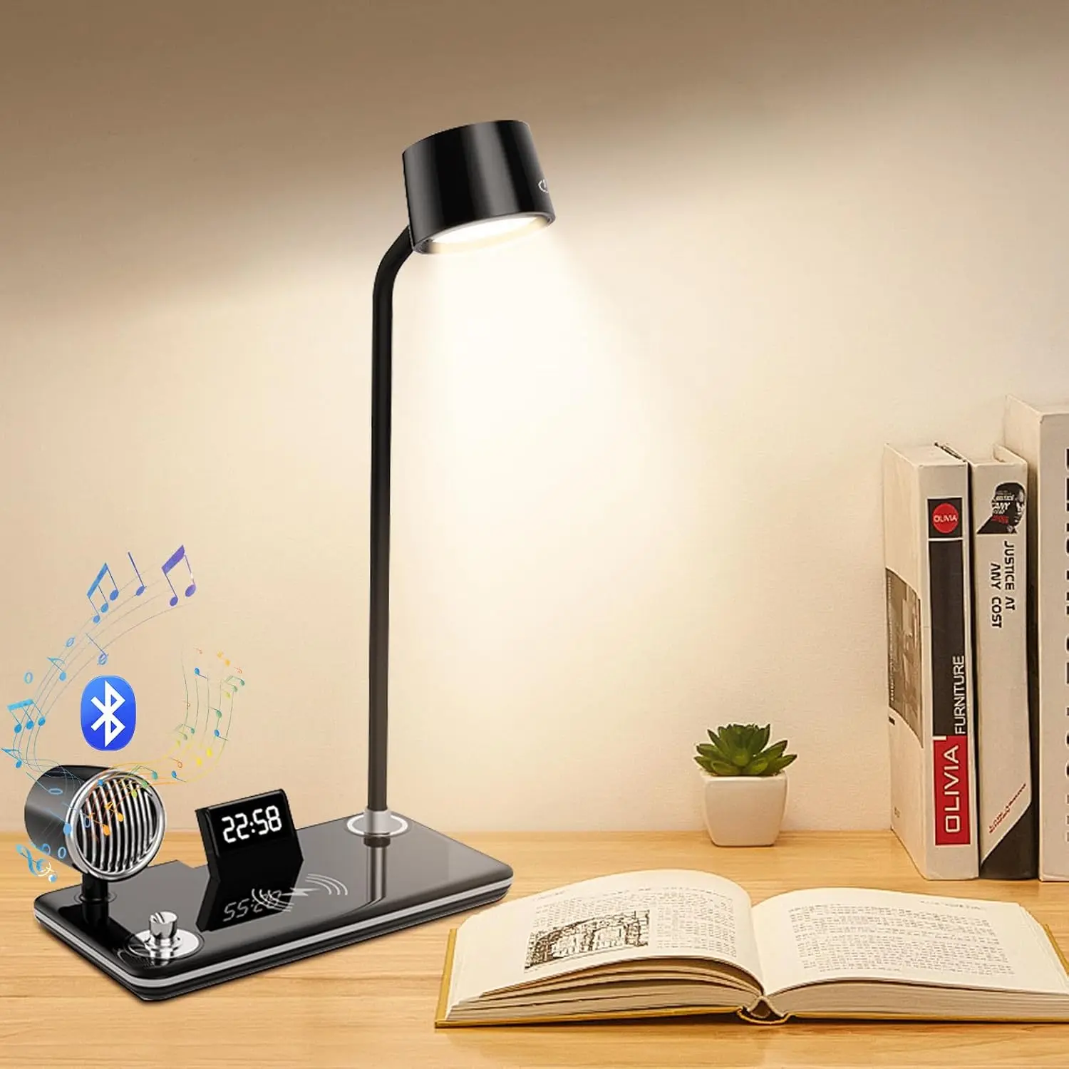 4 in 1 Multifunctional LED Desk Lamp with Wireless Charger, Bluetooth-compatible Digital Clock Touch Control Dimmable Desk Lamp, USB Powered Lamp for Home Office Bedroom