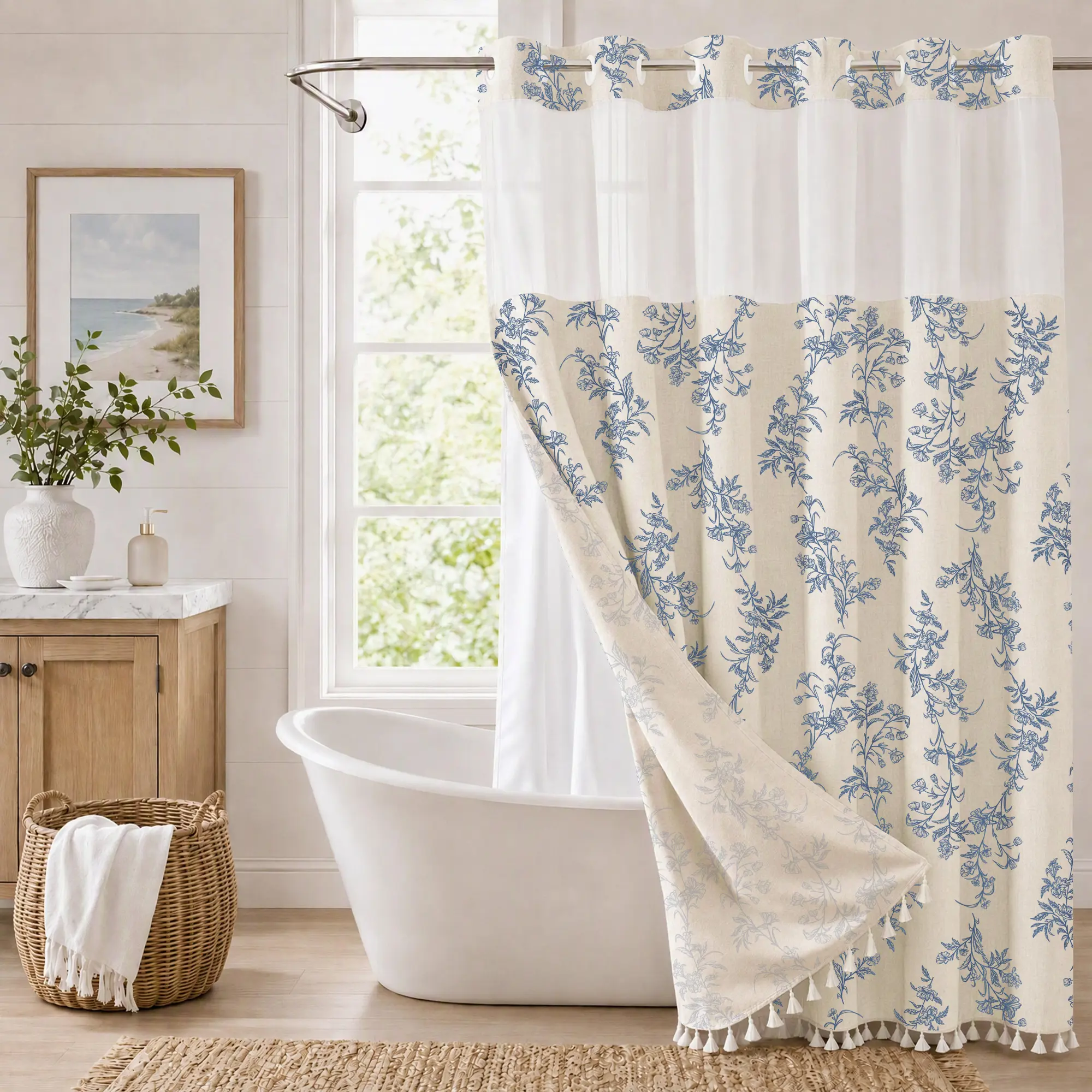 Dakimoe No-Hook Floral Faux Cotton Linen Shower Curtain with Snap-in Fabric Liner Set, Tassels & Sheer Window, Washable Waterproof, Ideal for Bathroom Luxury Decor, 71Wx74H