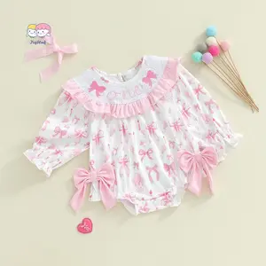 Baby Girls Birthday Romper Bow/Balloon Print Letter Embroidery Long Sleeve Ruffled Round Neck Jumpsuit