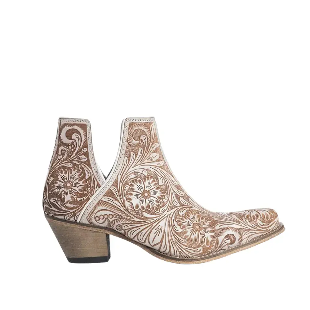 Women's Myra Hand-Tooled Genuine Leather Ankle Booties - Classic, Stylish Western Cowgirl Footwear with Floral Tooling, Rubber Heel, Comfortable Shoes for Women, Western OOTD, Cowboy Aesthetic