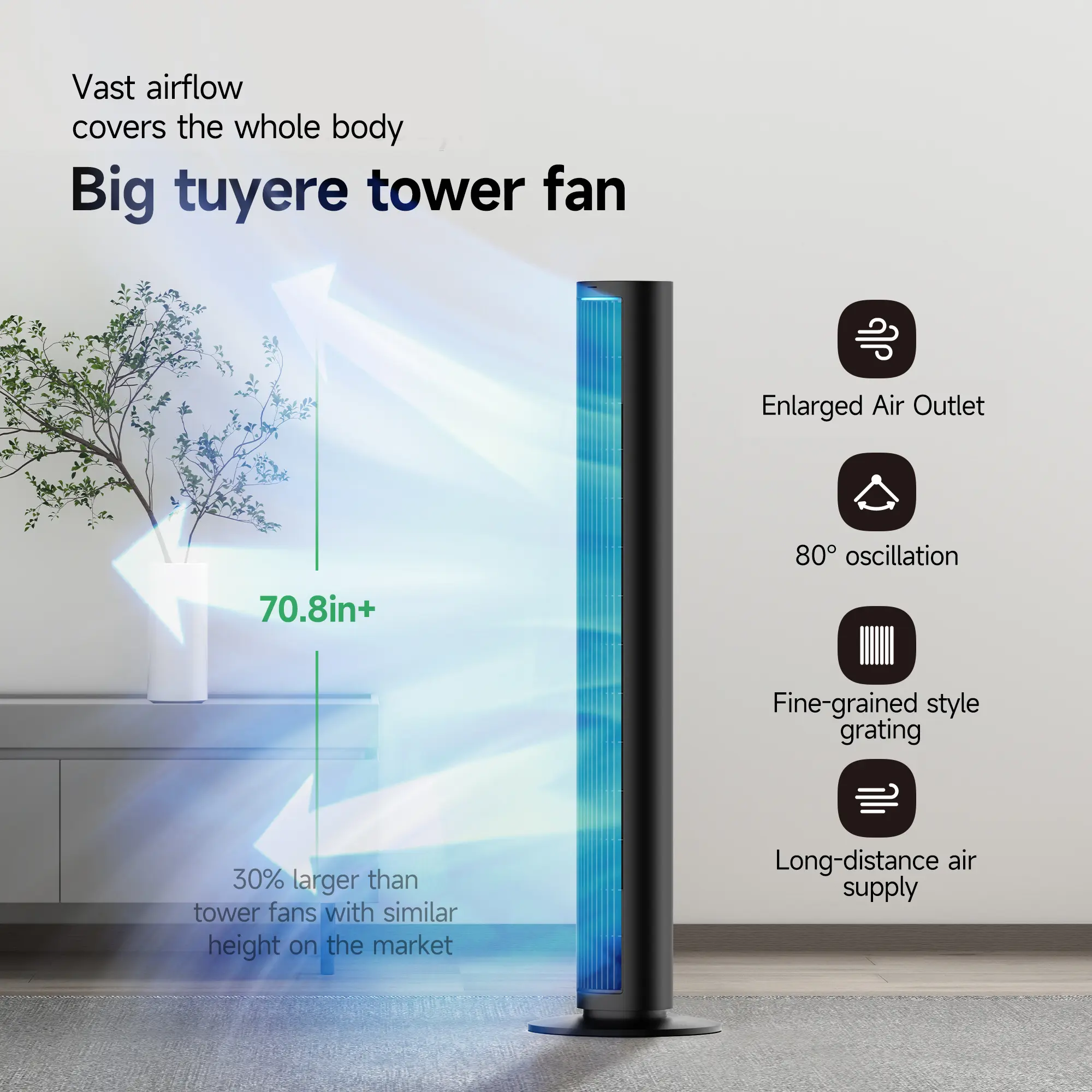 PHILODECO 40 Inch Bladeless 80° oscillation Tower Fan With Remote Portable Control Led,4-Speed Mode,7h Timer,home appliance remote control low noise