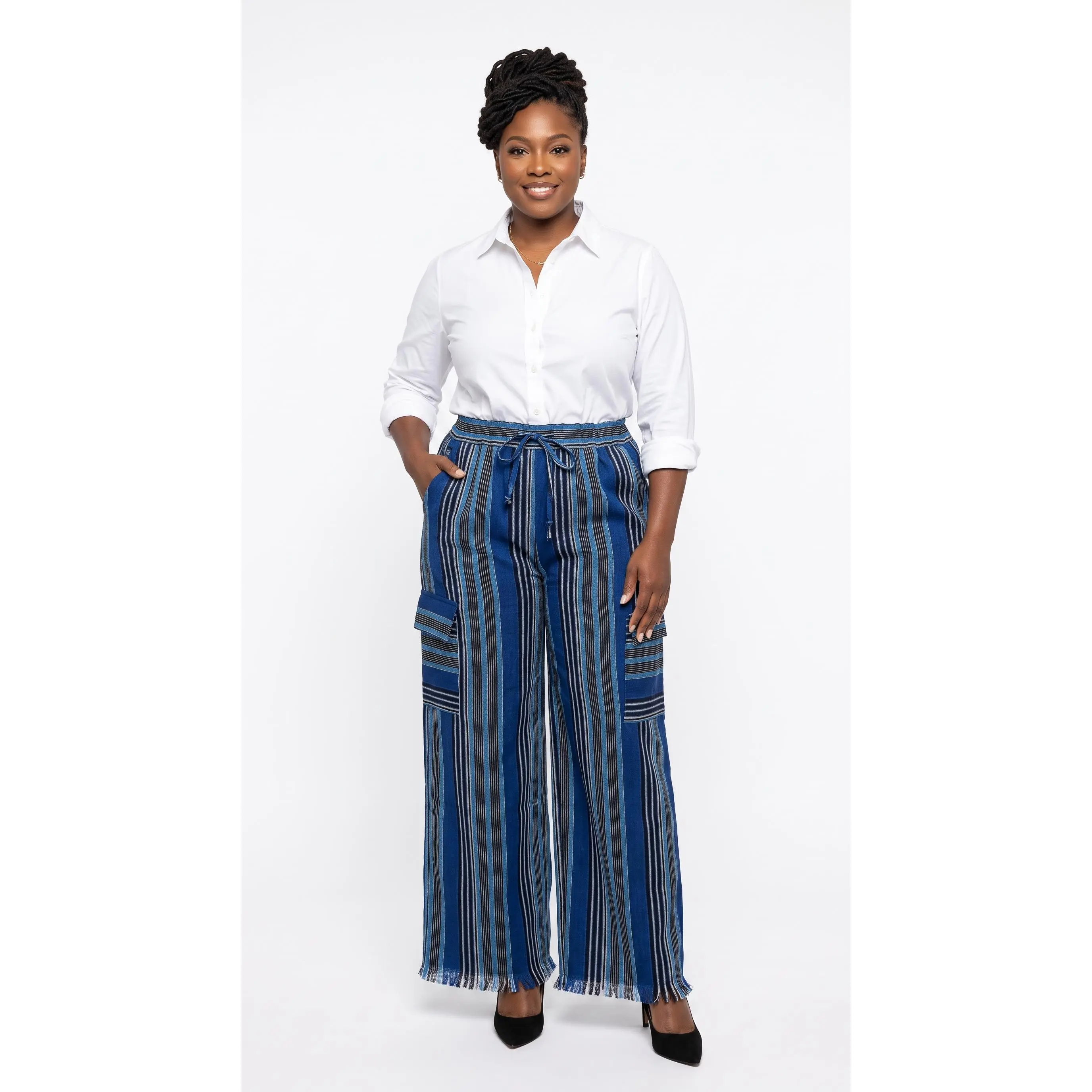 Handmade Aso-Oke Blue/White Stripes Cargo Pants - Comfortable and Stylish