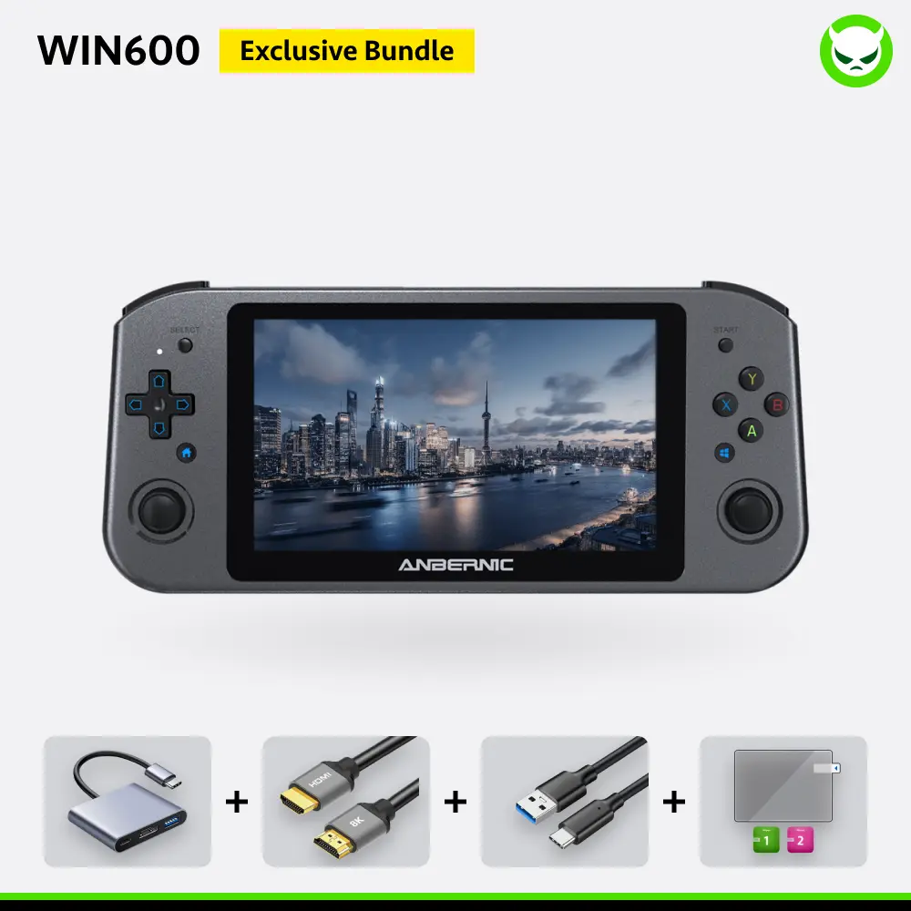 Anbernic WIN600 Handheld Game Console【Buy 1 Get 1 HDMI 8K Cable+1 Multi-port Adapter+1 Screen Protector+1 Charging Cable】PC 5G WiFi 4.2 Bluetooth AMD Athlon 3050e 5.94-inch OCA Full Lamination IPS Screen 1280*720 Ready to Play Gift Package