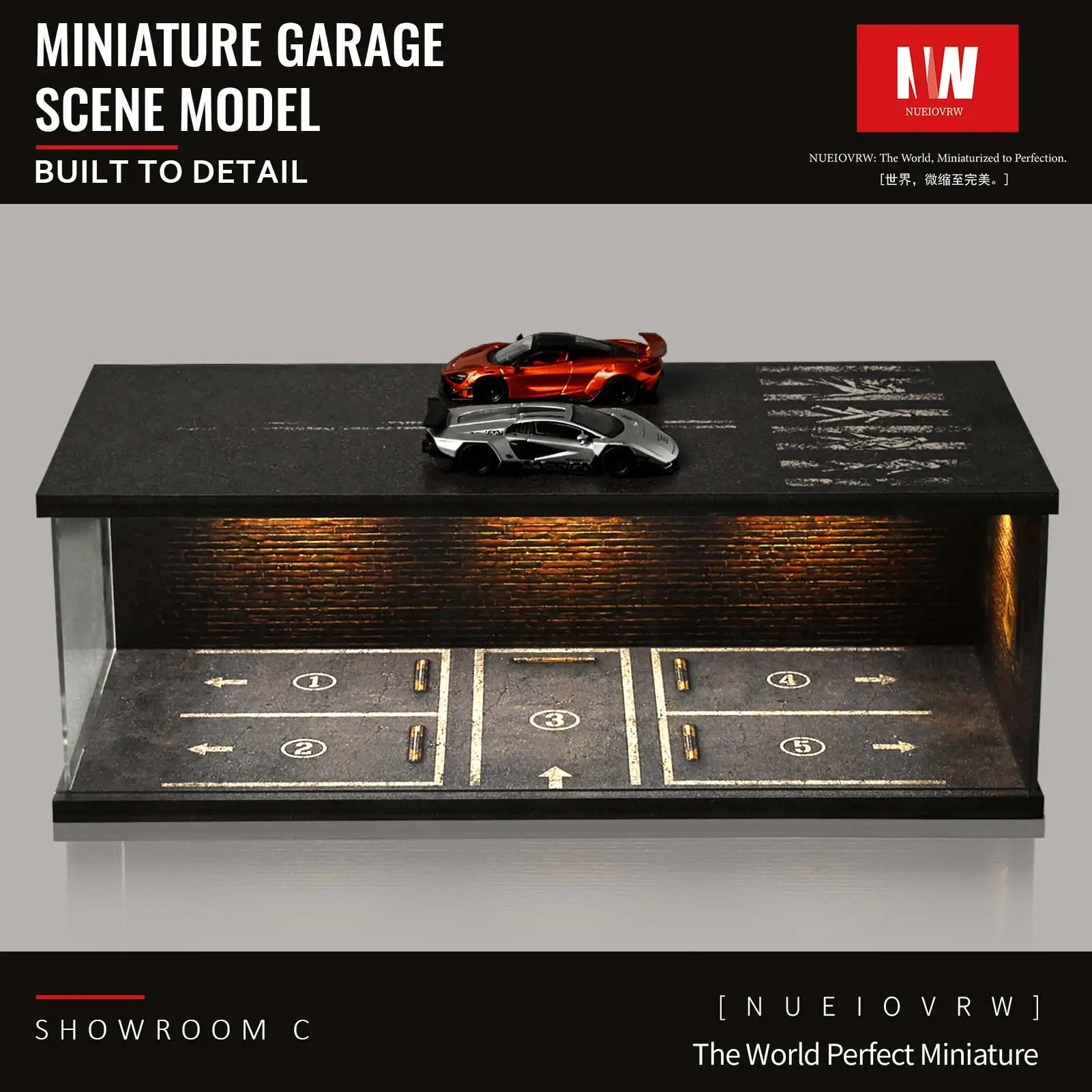 Diorama 1/64 Scale Retro-style Car Showroom Model 3-Color LED Lighting Diecast Car Garage Model Car Parking Lot Scene Display Case Vintage Scene Models Collection Gift Toy Dust-proof Doors