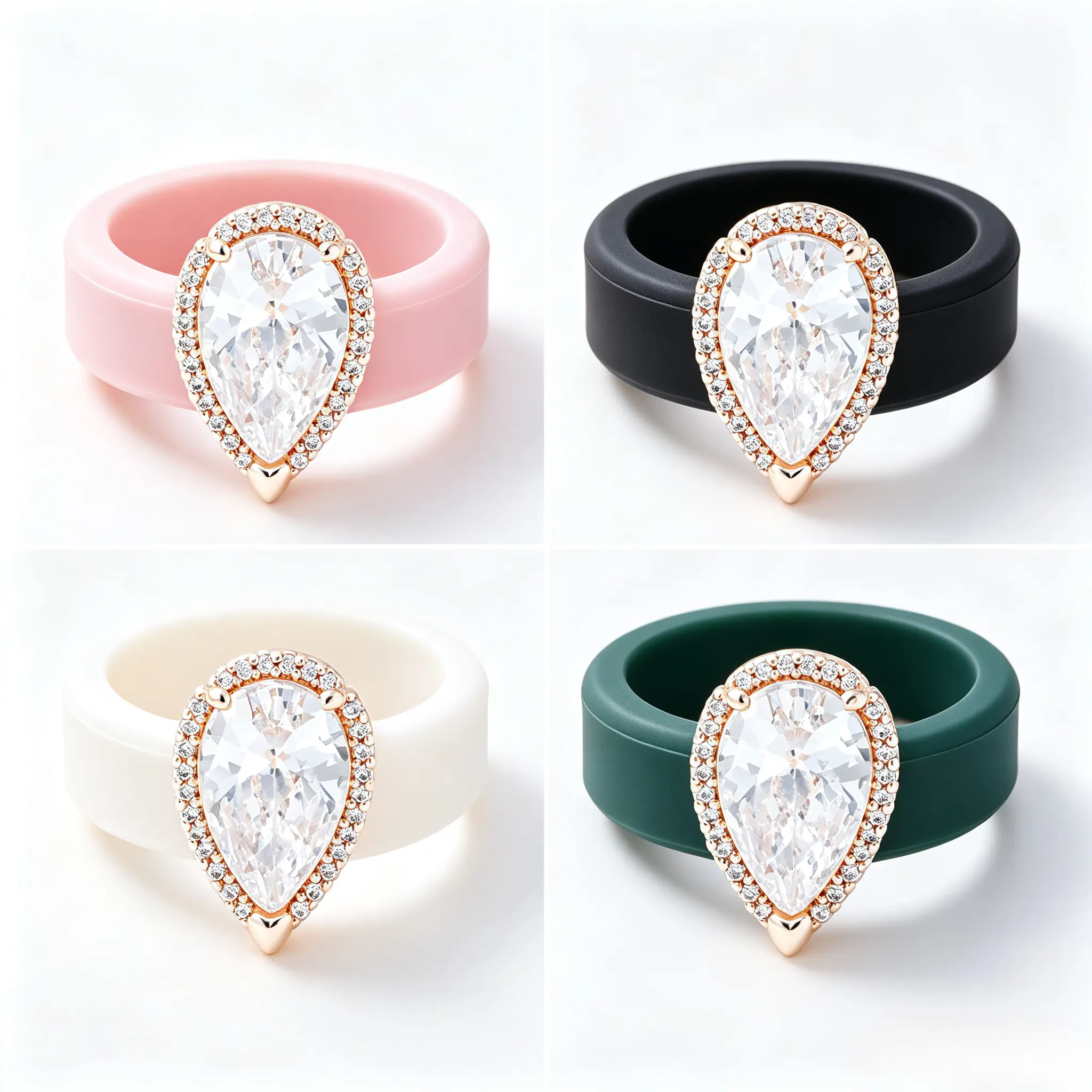 Women Pear Shape Halo Cubic Zirconia Silicone Ring, Rose Gold Plated Sparkly Teardrop CZ Rubber Band Ring, Medical Grade Flexible Silicone Wedding Ring, Multi Color Comfort Stackable Engagement Ring Gift