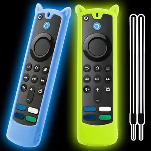 (2 Pack) Soft Protective Remote Cover,Shockproof Anti-Slip  Protective Case with Lanyard Glow in The Dark (Glow Yellow&Blue)