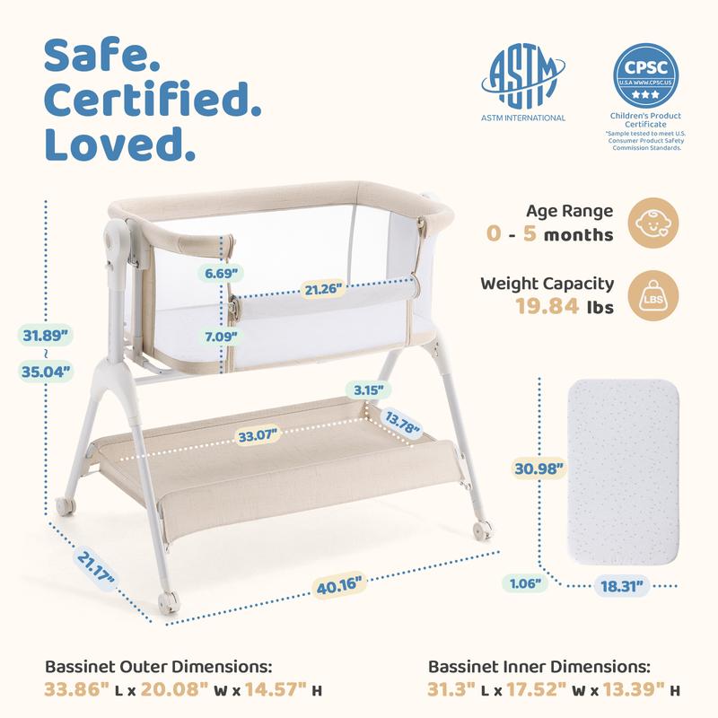HARPPA 3-in-1 Rocking Baby Bassinet & Bedside Sleeper, Height Adjustable Crib,  Baby Bassinet with Wheels & Storage Basket, Sleeping Cot, Baby Essentials