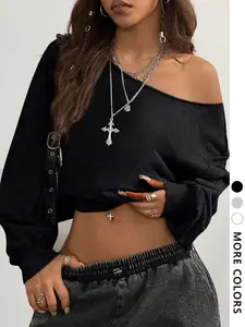 Women's Loose Fit Sexy Asymmetrical Shoulder Long Sleeve Sweatshirt, Slimming Design, Perfect for Daily Wear, Outdoor, Shopping, Trendy