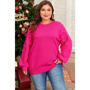 Strawberry Pink Pearled Decor Raglan Sleeve Plus Size Sweater
