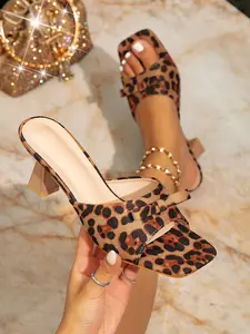 Women's Fashion Leopard Print Square Toe Chunky Heel Sandals, Open Toe High Heel Mules, Summer New Versatile Women's Shoes