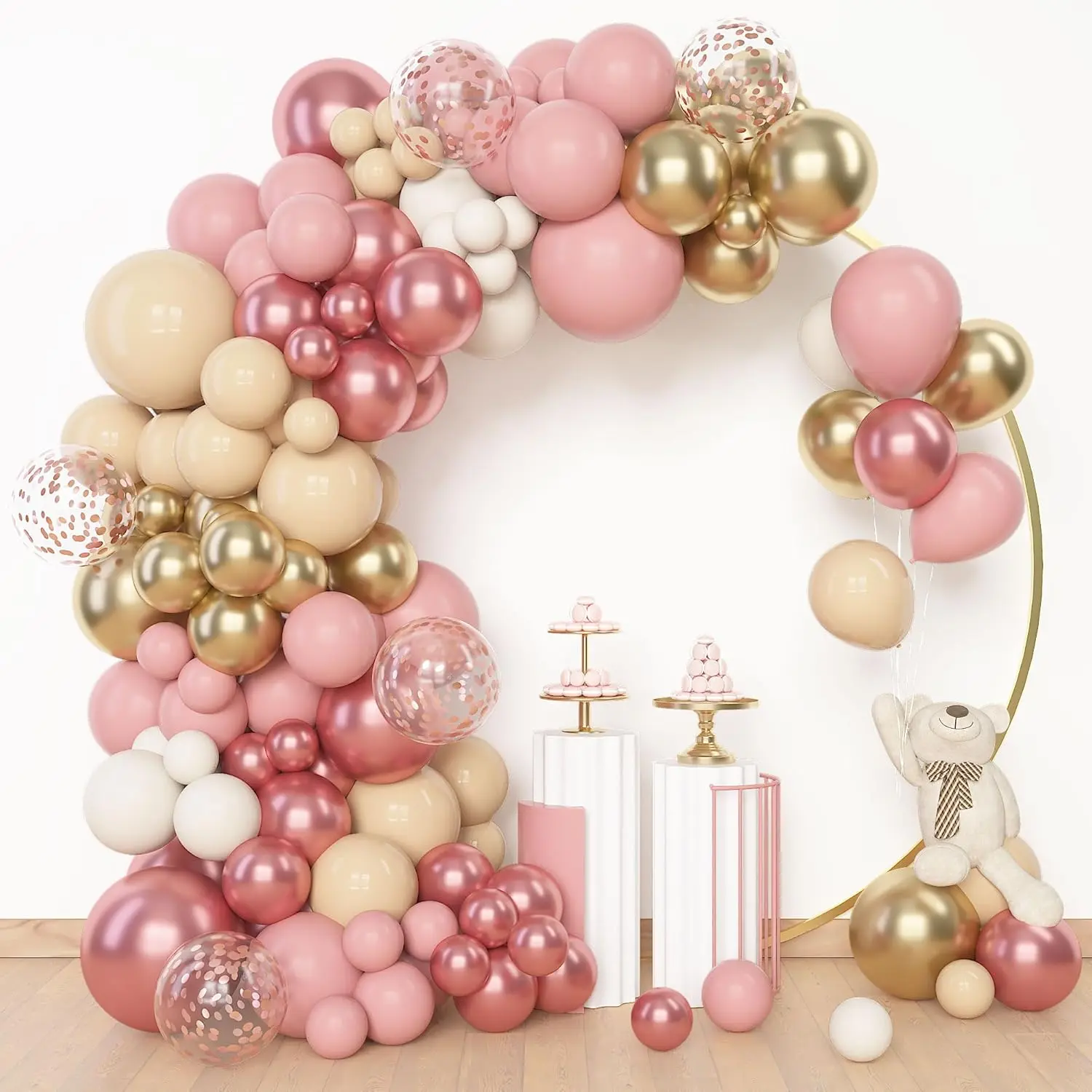 153-Piece Boho Blush Balloon Garland Kit, Nude, Peach, Dusty Rose, Gold Confetti for Parties