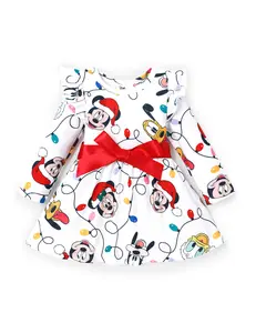 PatPat Disney Baby Girl Dress Mickey & Friends Print with Bow Holiday Outfit for Photos Festive Mickey & Friends Print Dress，easter