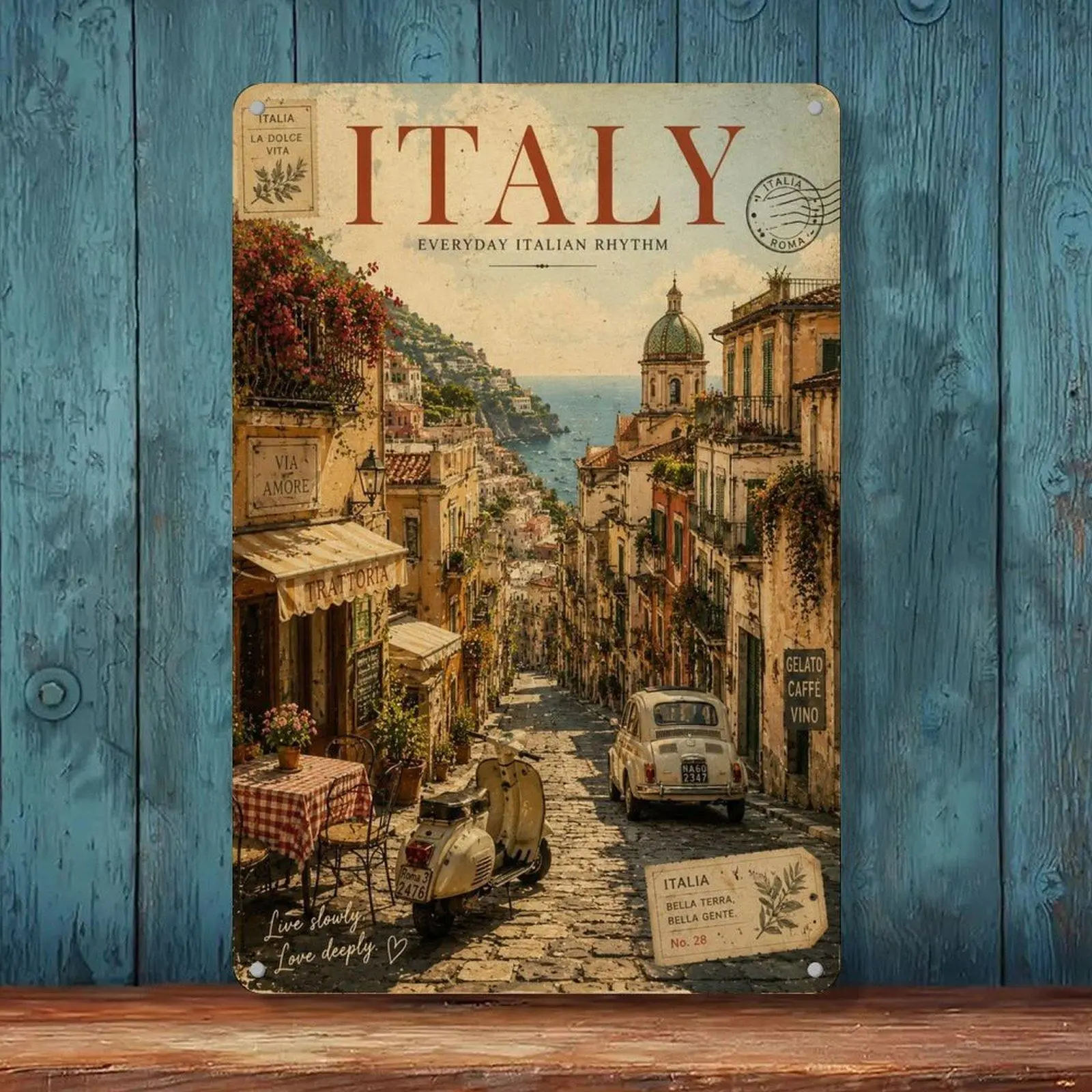 8x12in Italy La Dolce Vita Mediterranean Coastal Town Retro Travel Iron Tin Sign - High-Def European Street Scooter Car Wall Decor, Home Supplies Plaque, Wedding Gifts Collectible
