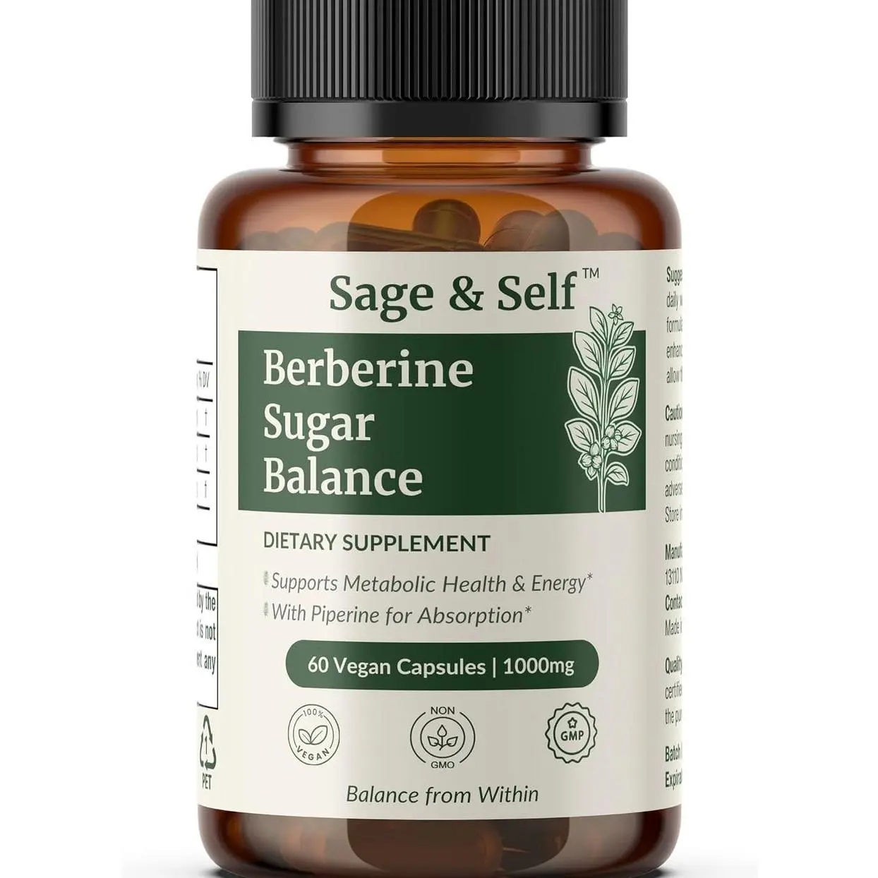 Sage & Self Berberine Sugar Balance – Berberine HCL with Ceylon Cinnamon & Black Pepper – 1000 mg Per Serving – Vegan Herbal Supplement (60 Capsules)