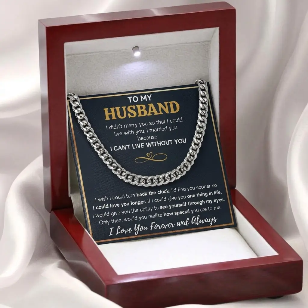 Wife’s Sentimental Anniversary Necklace - 316L Stainless Steel Cuban Link Chain with Classic Cross Pendant, Vegan Leather Accent, Sentiment Engraving, Casual Wear Gift for Husband (Holiday Gifting Option)