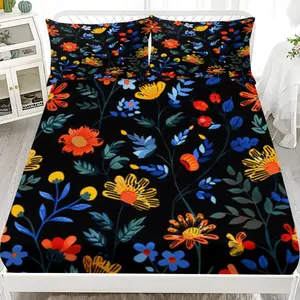 3pcs Bohemian Dark Bottom Flower Bed Sheet Set, Bed Sheets Set, Made of High Quality Polyester Fabric Machine Washable, Birthday Gift, Suitable for Bedroom Hotel Decoration, (Includes 1 Bed Sheet and 2 Pillowcases) No Fill