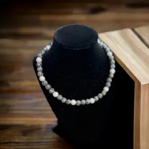 Handcrafted beaded necklace charcoal and iridescent