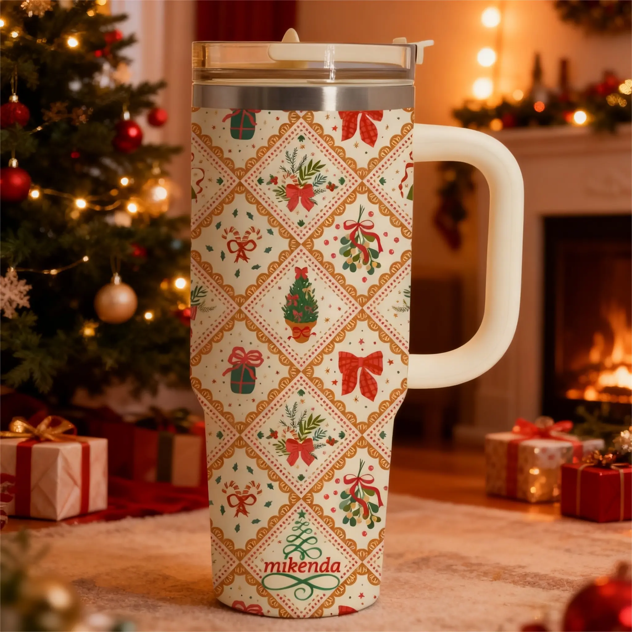 1 Pc 40oz insulated thermal mug with handle, double wall leak-proof vacuum cup, Thermal Flask, Stainless steel tumbler, Christmas grid design with wreath bow, keeps hot 12 hours cold 24 hours, holiday gift for women men, Drinkware for hot cold drinks