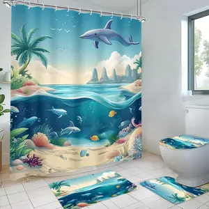Cartoon Marine Life Pattern Bathroom Set, 4 Counts/set Including Shower Curtain & Toilet Lid Cover & Bath Mat & U-shaped Mat, Bathroom Supplies, Bathroom Decoration Accessories