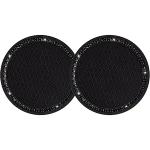 Car Cup Coaster, Universal Holder Insert Rhinestone Anti Slip Silicone Accessories Suitable for Most Interior, Best Gift Women, Black and Black, 2 Count