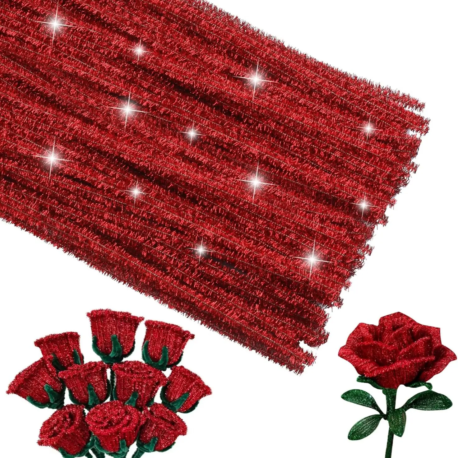 500Pcs/1000Pcs Pipe Cleaners Craft, Glitter Pipe Cleaners Crafting Creative Hand Craft Supplies for Festivals Bouquet DIY Glitter Roses Crafts Decorations, Floral Arrangements/Glitter Red