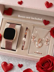 Mother's Day Gift Women's LED Touchscreen Electronic Watch Set with Heart Bracelet Necklace Ring Earrings, Magnetic Alloy Strap, Plastic Case, Perfect Gift