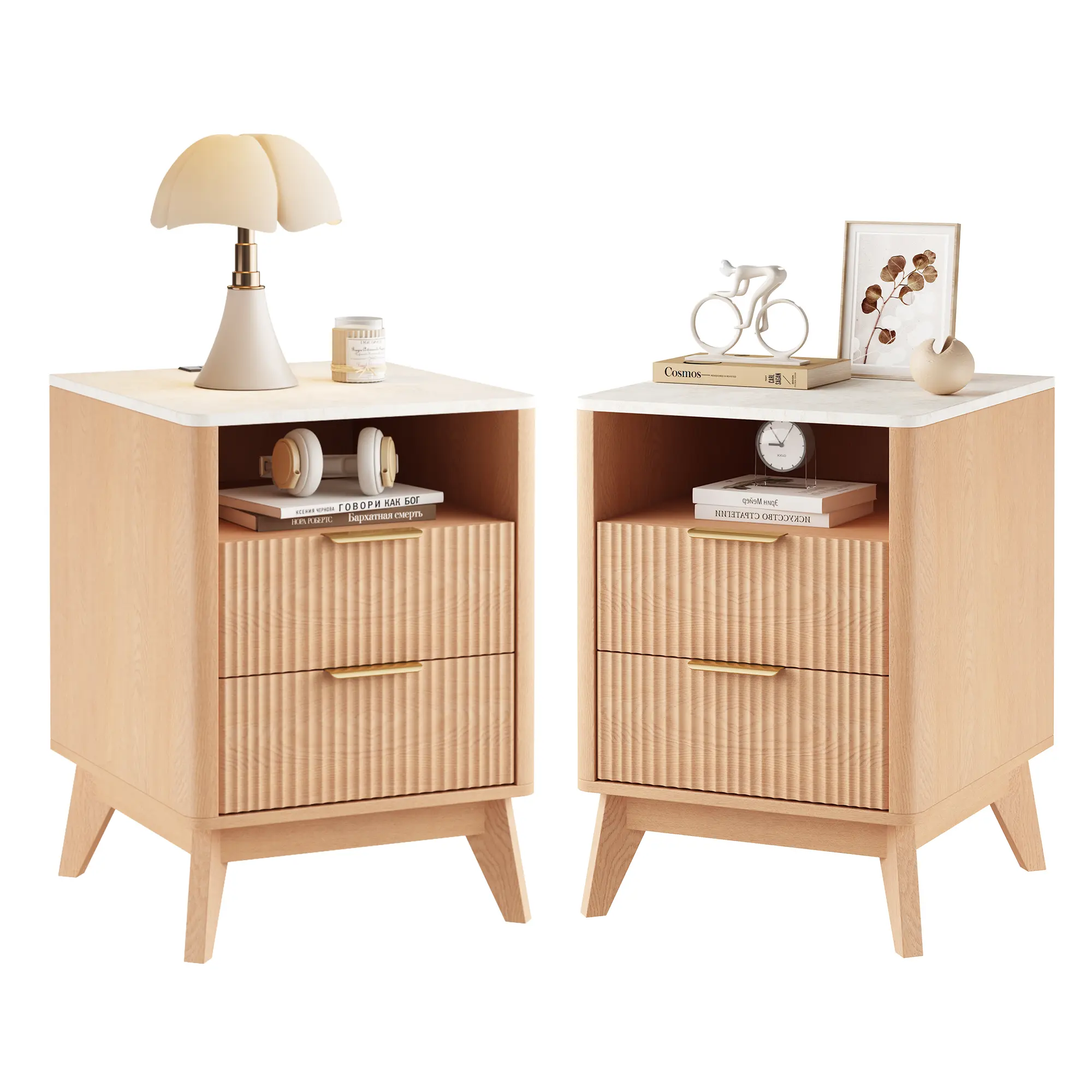 Sweetcrispy Wooden Bedroom Nightstand - Narrow Space Saving Furniture with Drawers, Built-In Contemporary Functional Bedside Table with Storage Compartment, Home Decor for Small Spaces, Fits Most Beds, Equipped with LED Lights