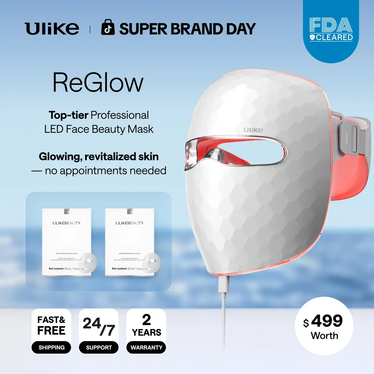 【Super Brand Day】Ulike ReGlow LED Face Lifting Device, 4-in-1 Facial Care Tool with Red, Blue, Yellow & Infrared Red Light, 360° Mirror Reflection, 2-Year Warranty for Firming, Rejuvenation, Brightening
