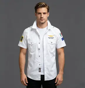 Men’s short-sleeve pilot shirt, military-style work shirt with embroidered badges, summer casual menswear Mens