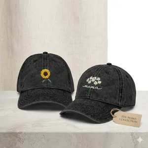 Embroidered Vintage Floral Washed Denim Cap – Adjustable Unisex Baseball Hat for Women & Men Featuring Daisy Bouquet Embroidery, Soft Curved Brim, Distressed Washed Finish, and Casual Everyday Gift Style