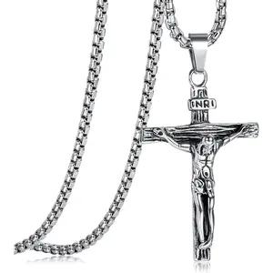Fansilver Cross Necklace for Men Women Stainless Steel Jesus Crucifix Cross Pendant Venetian Chain 61 CM Jewellery Gift