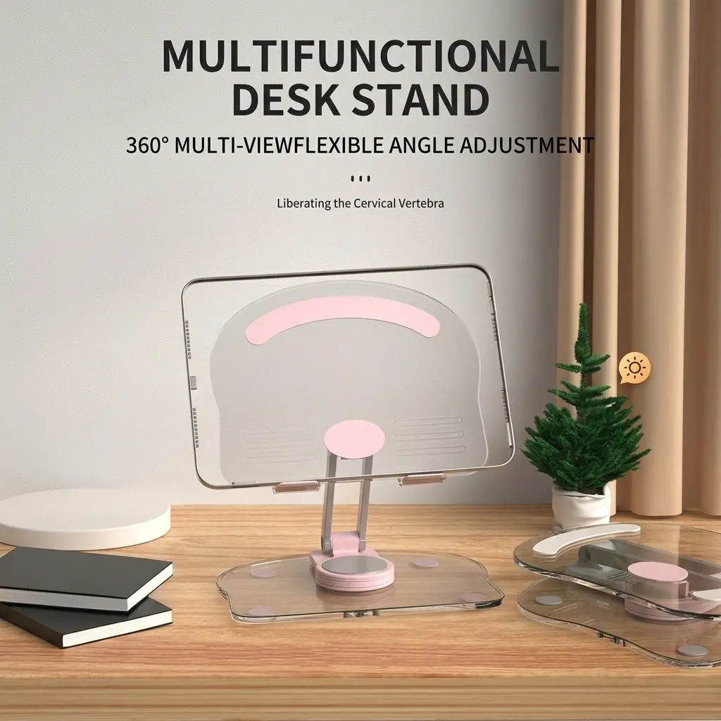 360° Rotating Acrylic Tablet Stand, Adjustable & Foldable Desktop Holder for Home Office, Portable Compact Transparent Tablet Mount Support Rack, Compatible with iPad Pro Air Mini, Kindle, Surface & Phones 4-13, Folding Stand, Tablet Accessories