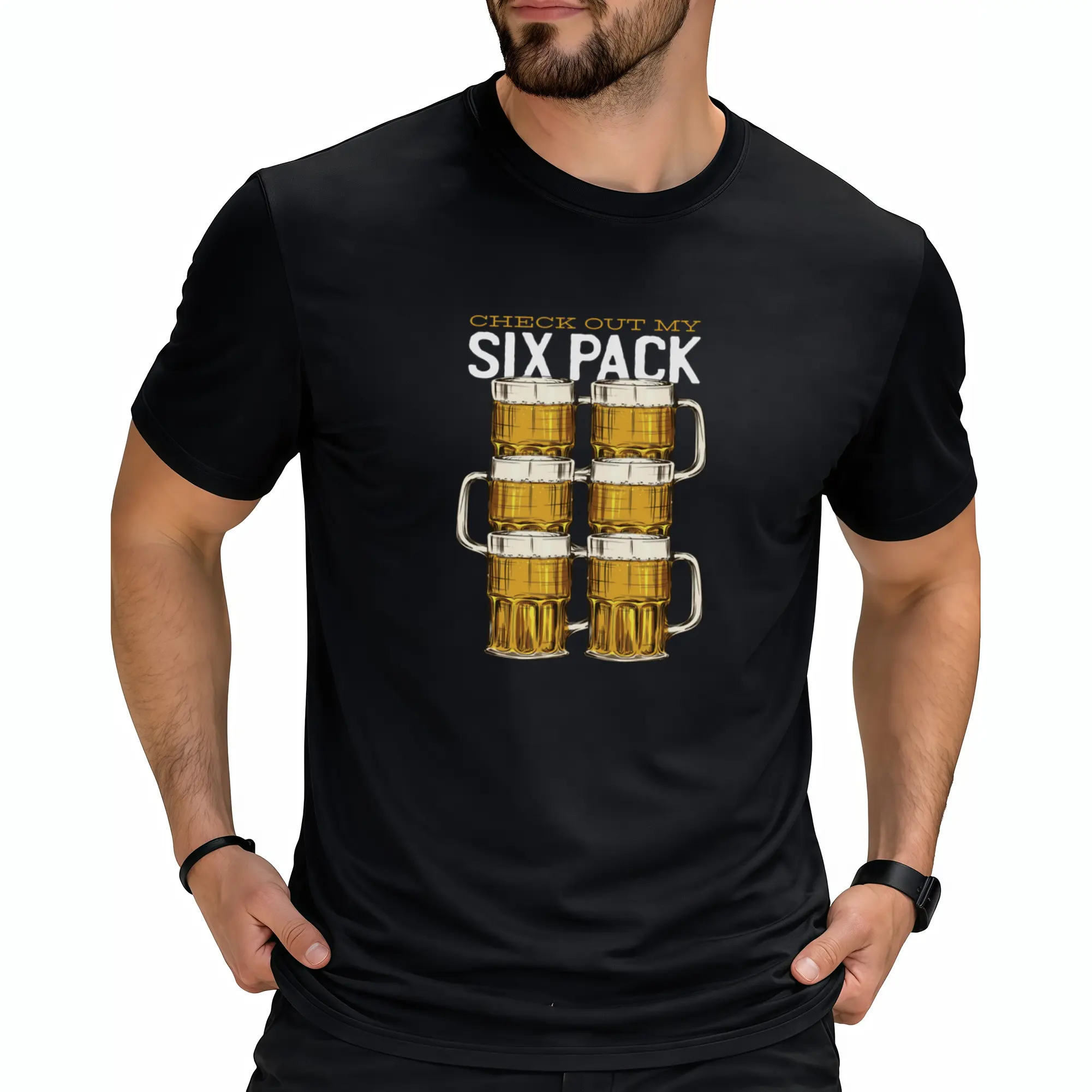 Men's Funny Beer Lover Pattern TShirt Printed with the Slogan Look at My Sixpc and a Beer Glass Design Casual Party Shirt Great Gift Choice Suitable for Casual Attire Comfortable ShortsRetro Casual Short-sleeved T-shirt with a Round Neck and Printed