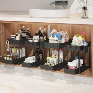 4 Pack 2 Tier Multi-Use Pull Out Under Sink Organizer, Bathroom Cabinet Storage Organizer with Hang Hooks and Cups, Black