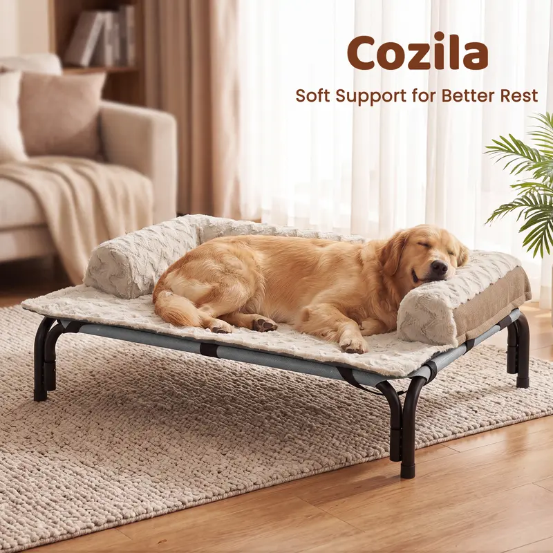 【familyfun】Cozila Elevated Dog Bed for Large Dogs Up to 120lb - Teslin Mesh Cooling Mats, Detachable Snap-On Plush Mat, Waterproof Durable Frame, Joint-Friendly Support, Indoor/Outdoor, Hand Wash Only, Replacement Cover Options familyfun